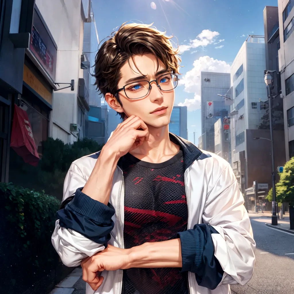 around fifty、anime character wearing glasses and a jacket in the city, realistic anime 3d style, young anime guy, anime style3d,...