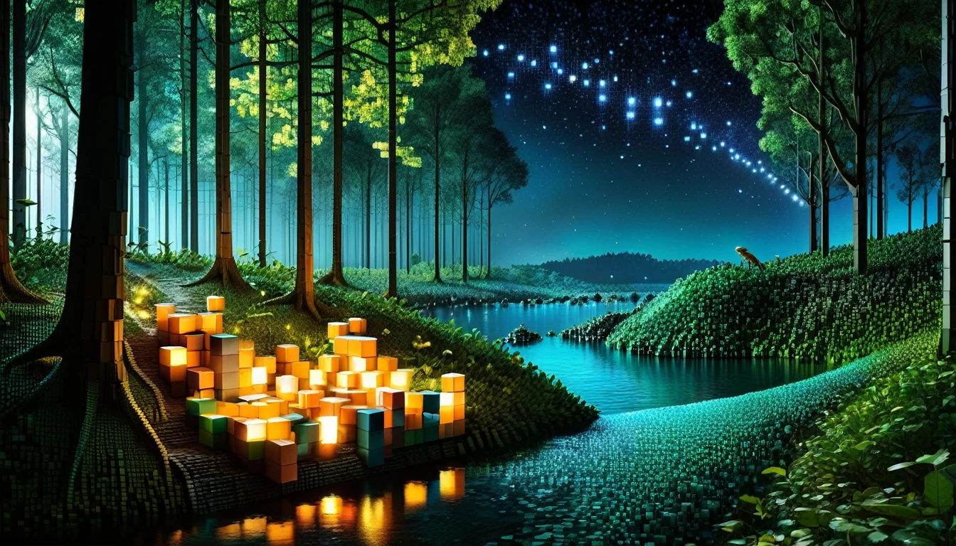 An enchanted forest made up of RAL-3D cubes, There are lots of small lizards,Surrounded by the fantastic light of fireflies,There are lots of small lizards,Very beautiful secret forest,You can see a beautiful river flowing from the top of the mountain.