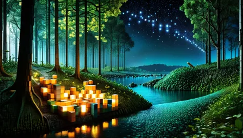 An enchanted forest made up of RAL-3D cubes, There are lots of small lizards,Surrounded by the fantastic light of fireflies,Ther...
