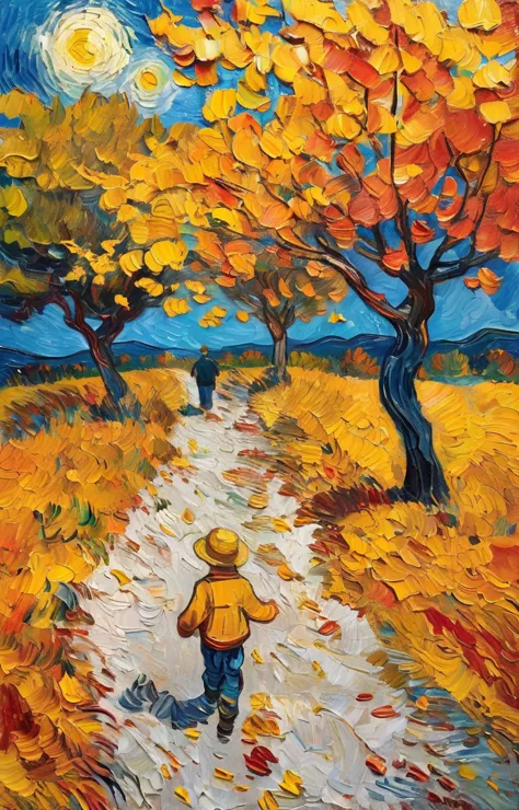 an autumn park with leaves of red, orange, and yellow falling from the trees, a couple walking hand in hand, and children playin...