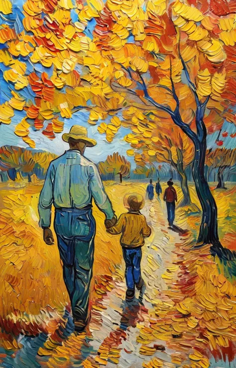 an autumn park with leaves of red, orange, and yellow falling from the trees, a couple walking hand in hand, and children playin...