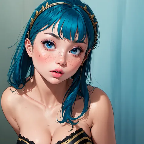 score_9, score_8_up, score_7_up, solo, lum, long hair, bangs, blue hair, blue eyes, tiny horns, aqua hair, eyeshadow, goth, tatt...