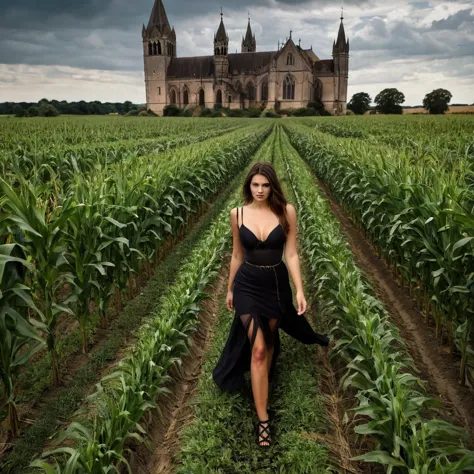 A woman walking in a cornfield, with dark, moody tones, and gothic architectural elements.