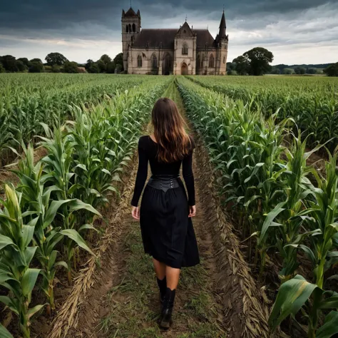 A woman walking in a cornfield, with dark, moody tones, and gothic architectural elements.