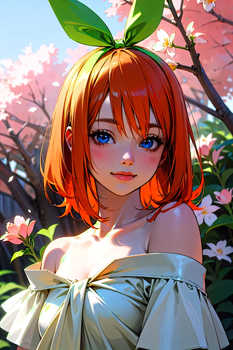 Best quality, masterpiece, ultra high res, (photorealistic:1.4), raw photo, 1girl, white dress, off shoulder, blossom flower field, glowing skin, light smile, yotsuba nakano, orangw hair, shoulder length orange hair, blue eyes, green ribbon