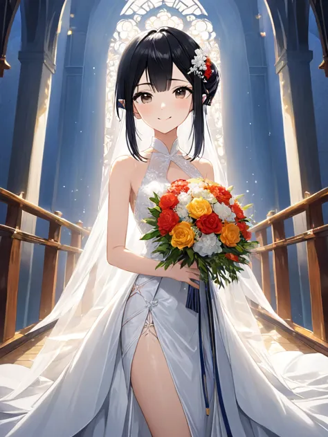 wedding dress, holding a bouquet in hand, in the chapel, tie up hair, open chest, Wedding dress r-18, 1girl, (beautiful japanese...