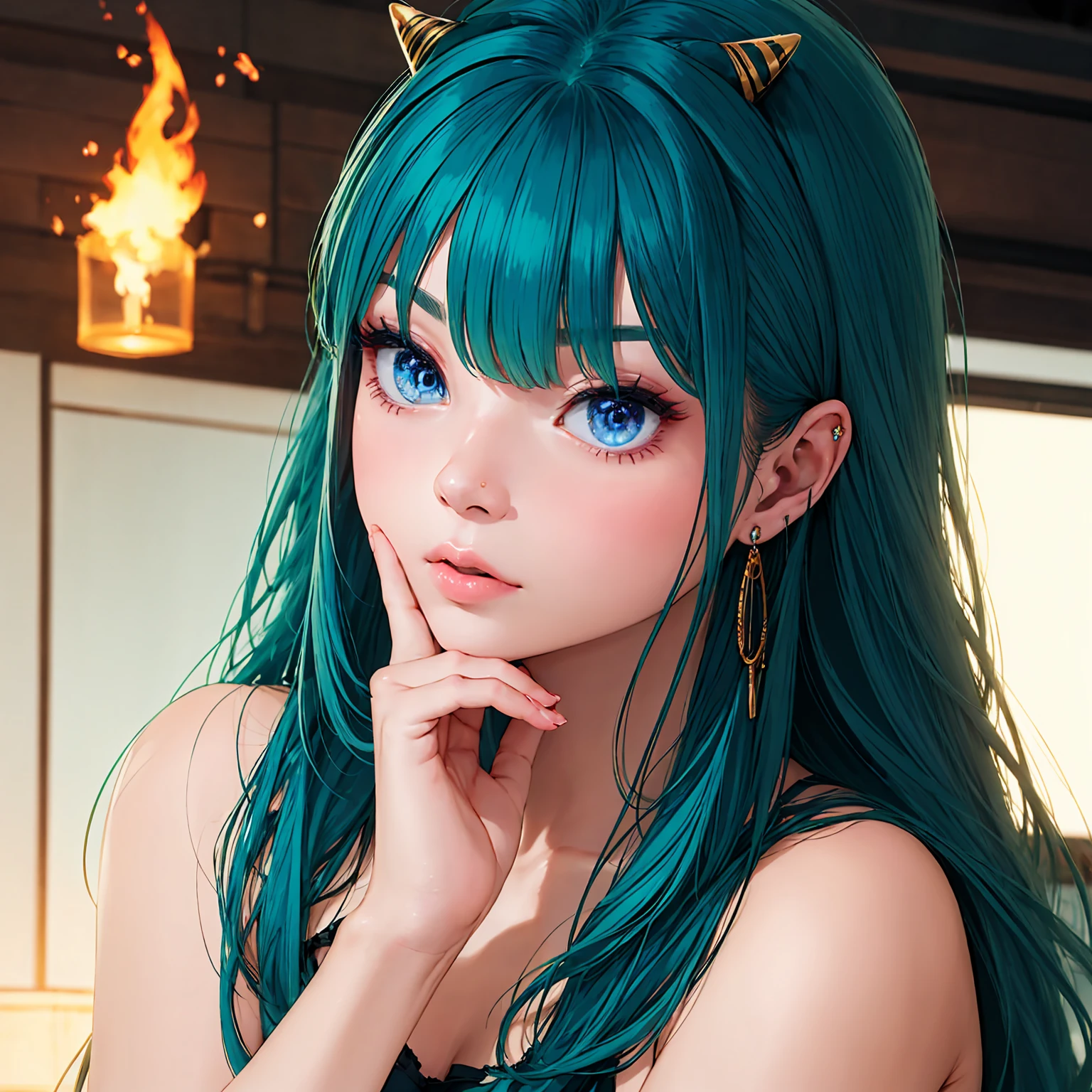 score_9, score_8_up, score_7_up, 独奏, Lum, long hair, bangs, green hair, blue eyes, horns, Best quality,masterpiece,Ultra high resolution,1 girl,Beautiful_face,Detailed skin,whole body,Yuhuoshu,jewelry,One,earrings,(fire:1.3),blurred,realistic,lips, 2d,