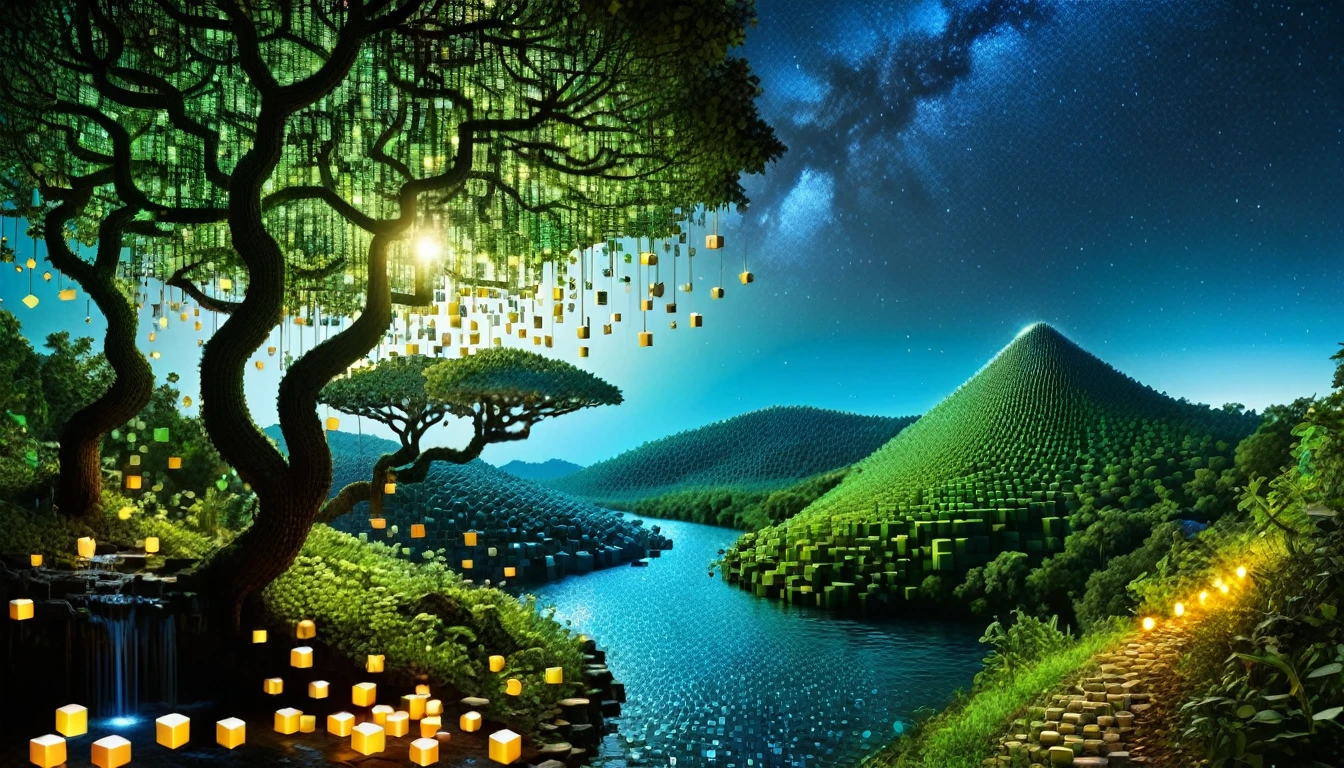 An enchanted forest made up of RAL-3D cubes, There are lots of small lizards,Surrounded by the fantastic light of fireflies,There are lots of small lizards,Very beautiful secret forest,You can see a beautiful river flowing from the top of the mountain.,Birds are also flying