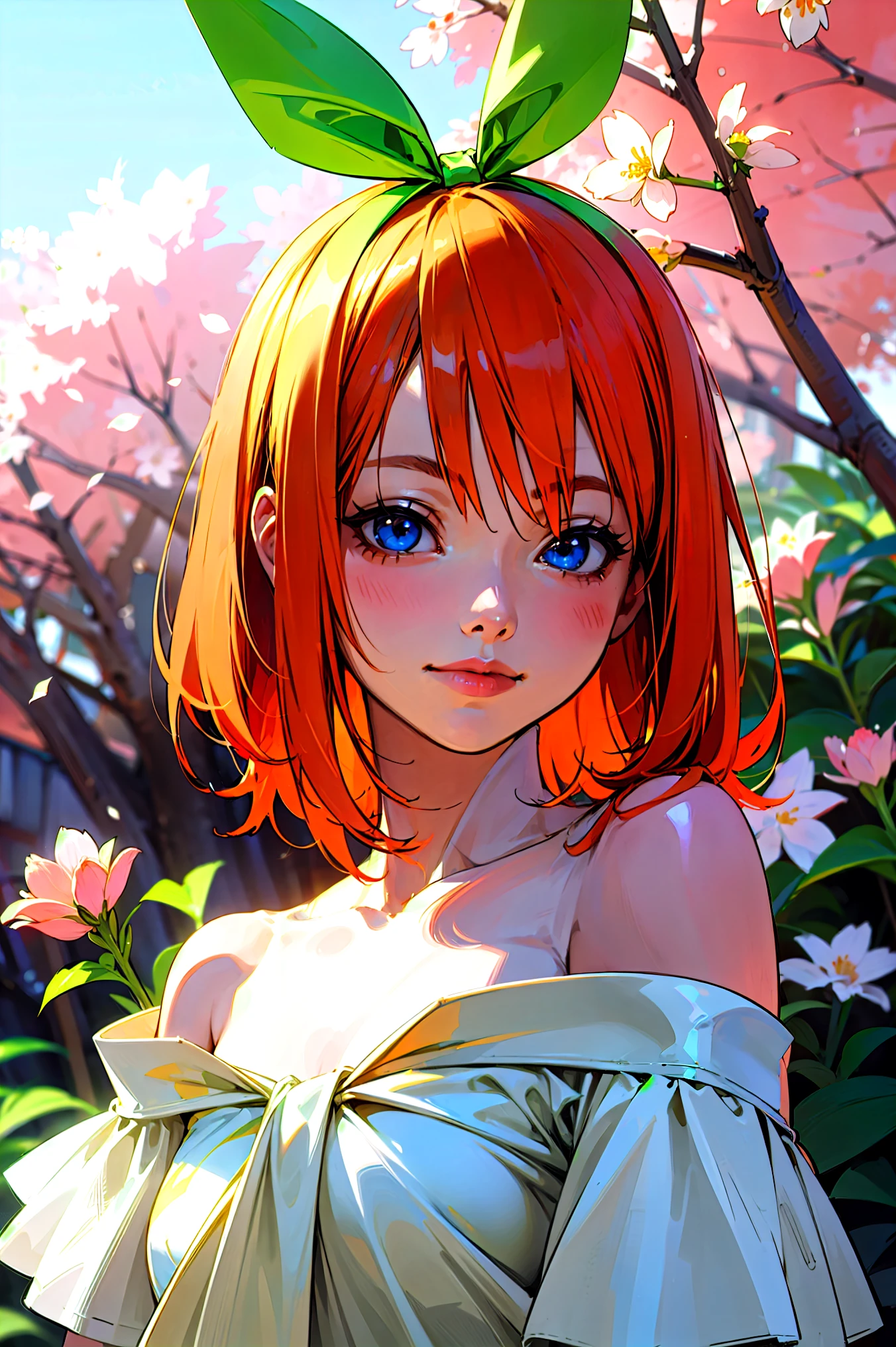 Best quality, masterpiece, ultra high res, (photorealistic:1.4), raw photo, 1girl, white dress, off shoulder, blossom flower field, glowing skin, light smile, yotsuba nakano, orangw hair, shoulder length orange hair, blue eyes, green ribbon