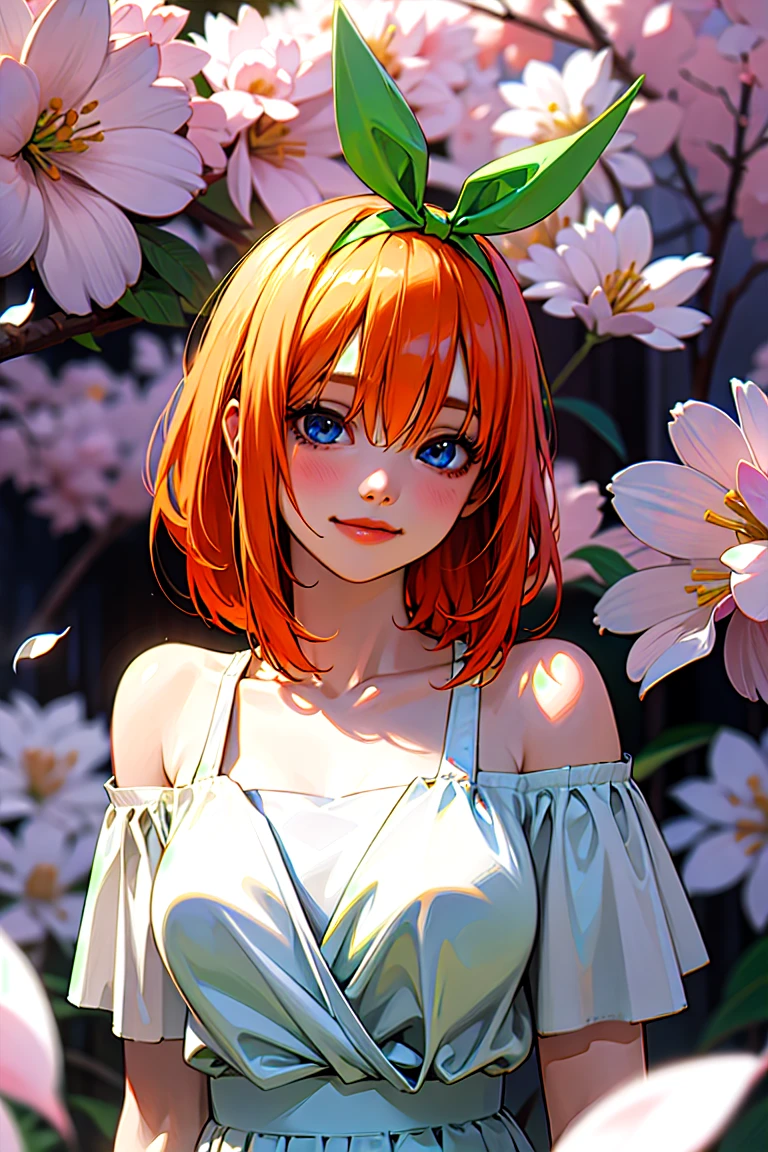 mejor calidad, obra maestra, resolución ultraalta, (Fotorrealista:1.4), foto cruda, 1 chica, vestido blanco, fuera del hombro, campo de flores, piel brillante, sonrisa ligera, Yotsuba Nakano, orangw hair, cabello naranja hasta los hombros, blue eyes, Cinta Verde