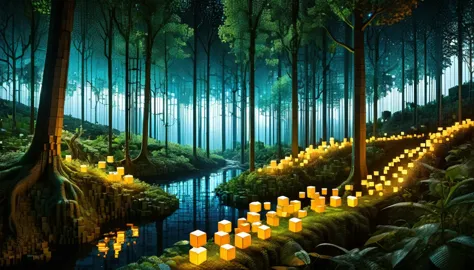 An enchanted forest made up of RAL-3D cubes, Surrounded by the fantastic light of fireflies,There are lots of small lizards,Very...