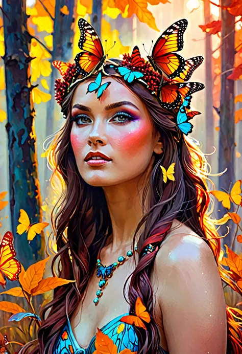 painting of a woman with a butterfly headpiece and a butterfly on her head, digital art inspired by wojciech kossak, shutterstoc...