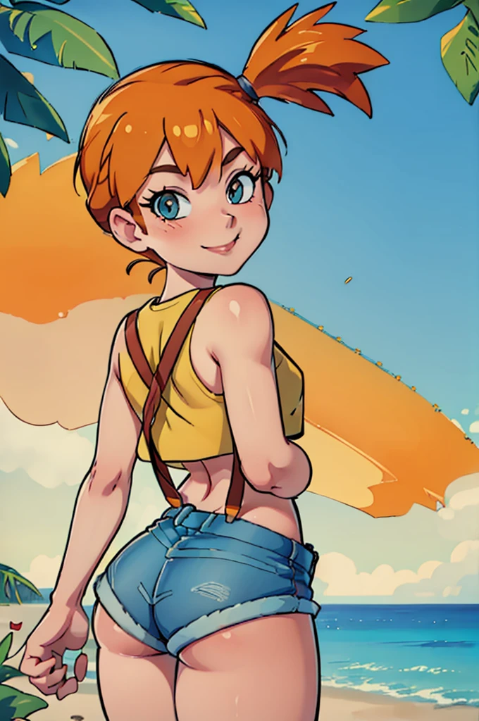 ((masterpiece,best quality)), absurdres,
Misty_Pokemon, yellow crop top, suspenders, side ponytail, orange hair, denim shorts, 
solo, smiling, blushing, looking at viewer, cowboy shot, from behind, 
cinematic composition, contrapposto, 
tropical beach,