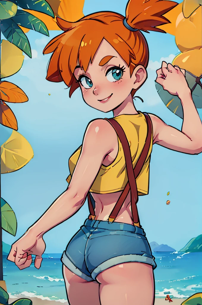 ((masterpiece,best quality)), absurdres,
Misty_Pokemon, yellow crop top, suspenders, side ponytail, orange hair, denim shorts, 
solo, smiling, blushing, looking at viewer, cowboy shot, from behind, 
cinematic composition, contrapposto, 
tropical beach,