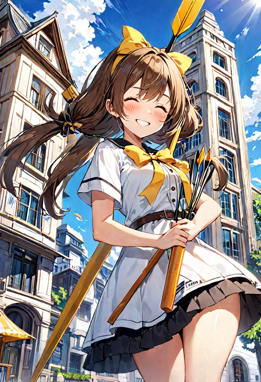 1 girl, alone, broad, blush, SMILE, Brown hair, bow, two tails, Closed eyes, weapon, short sleeves, hair bow, sky, day, blue sky, building, in front of the viewer, yellow bow, bow (weapon), ARROW (projectile)