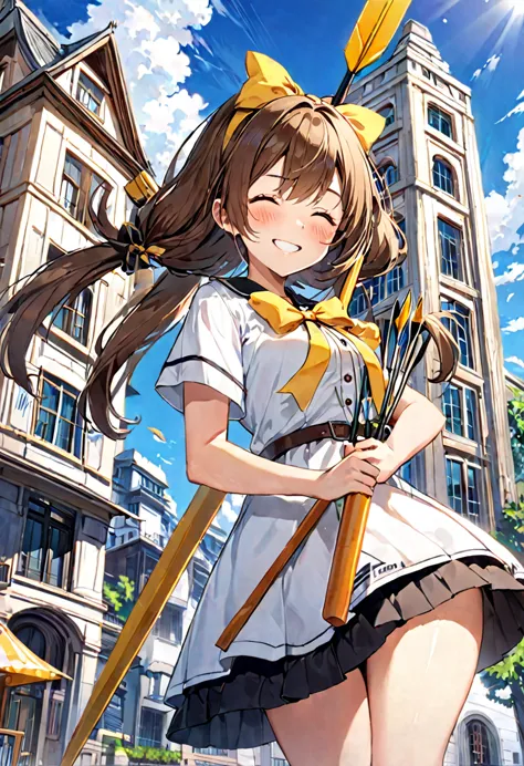 1 girl, alone, broad, blush, smile, brown hair, bow, two tails, closed eyes, weapon, short sleeves, hair bow, sky, day, blue sky...