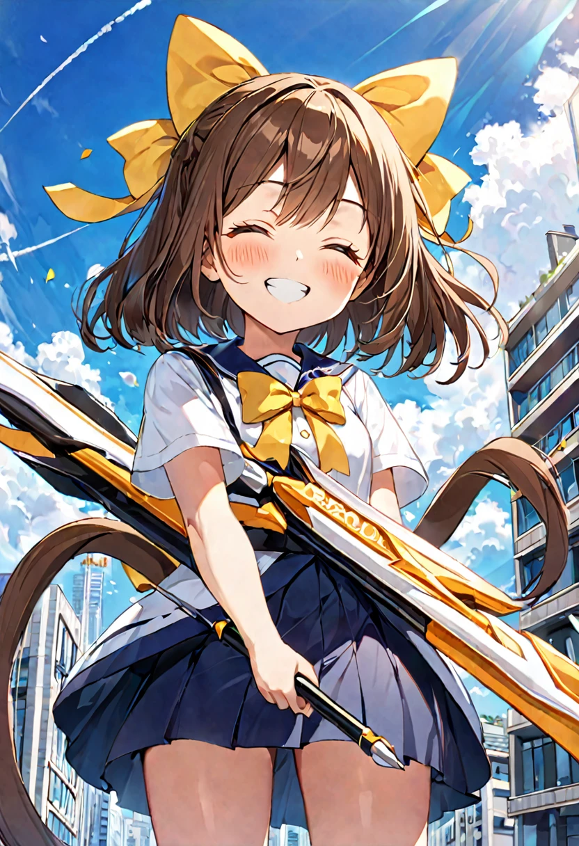 1 girl, alone, broad, blush, SMILE, Brown hair, bow, two tails, Closed eyes, weapon, short sleeves, hair bow, sky, day, blue sky, building, in front of the viewer, yellow bow, bow (weapon), ARROW (projectile)