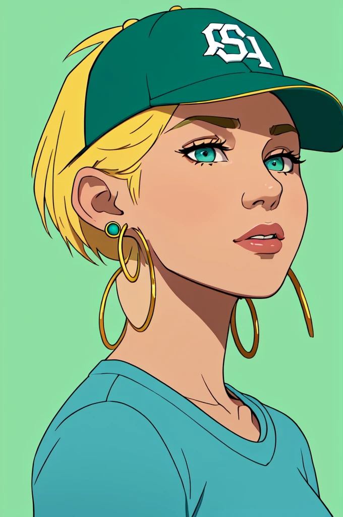 masterpiece, best quality, 1 Girl, Aqua eyes, Baseball cap, Blonde hair, Shut up, earrings, Green Background, have, hoop earrings, Jewelry, Looking at the audience, shirt, short hair, Simple background, Solitary, Upper Body, yellow shirt,
