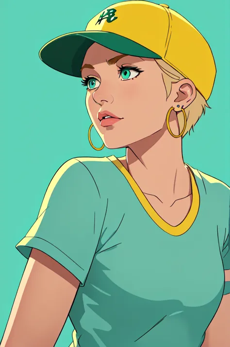 masterpiece, best quality, 1 Girl, Aqua eyes, Baseball cap, Blonde hair, Shut up, earrings, Green Background, have, hoop earring...