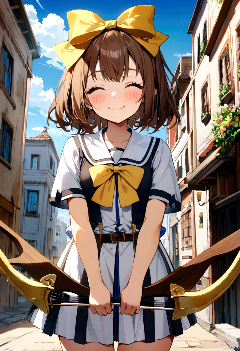 1 girl, alone, broad, blush, SMILE, Brown hair, bow, two tails, Closed eyes, weapon, short sleeves, hair bow, sky, day, blue sky, building, in front of the viewer, yellow bow, bow (weapon), ARROW (projectile)