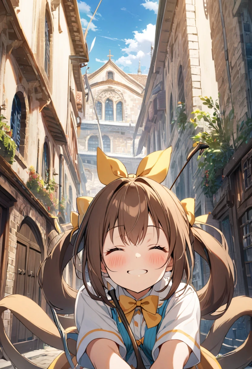 1 girl, alone, broad, blush, SMILE, Brown hair, bow, two tails, Closed eyes, weapon, short sleeves, hair bow, sky, day, blue sky, building, in front of the viewer, yellow bow, bow (weapon), ARROW (projectile)