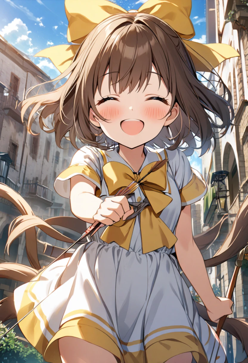 1 girl, alone, broad, blush, SMILE, Brown hair, bow, two tails, Closed eyes, weapon, short sleeves, hair bow, sky, day, blue sky, building, in front of the viewer, yellow bow, bow (weapon), ARROW (projectile)