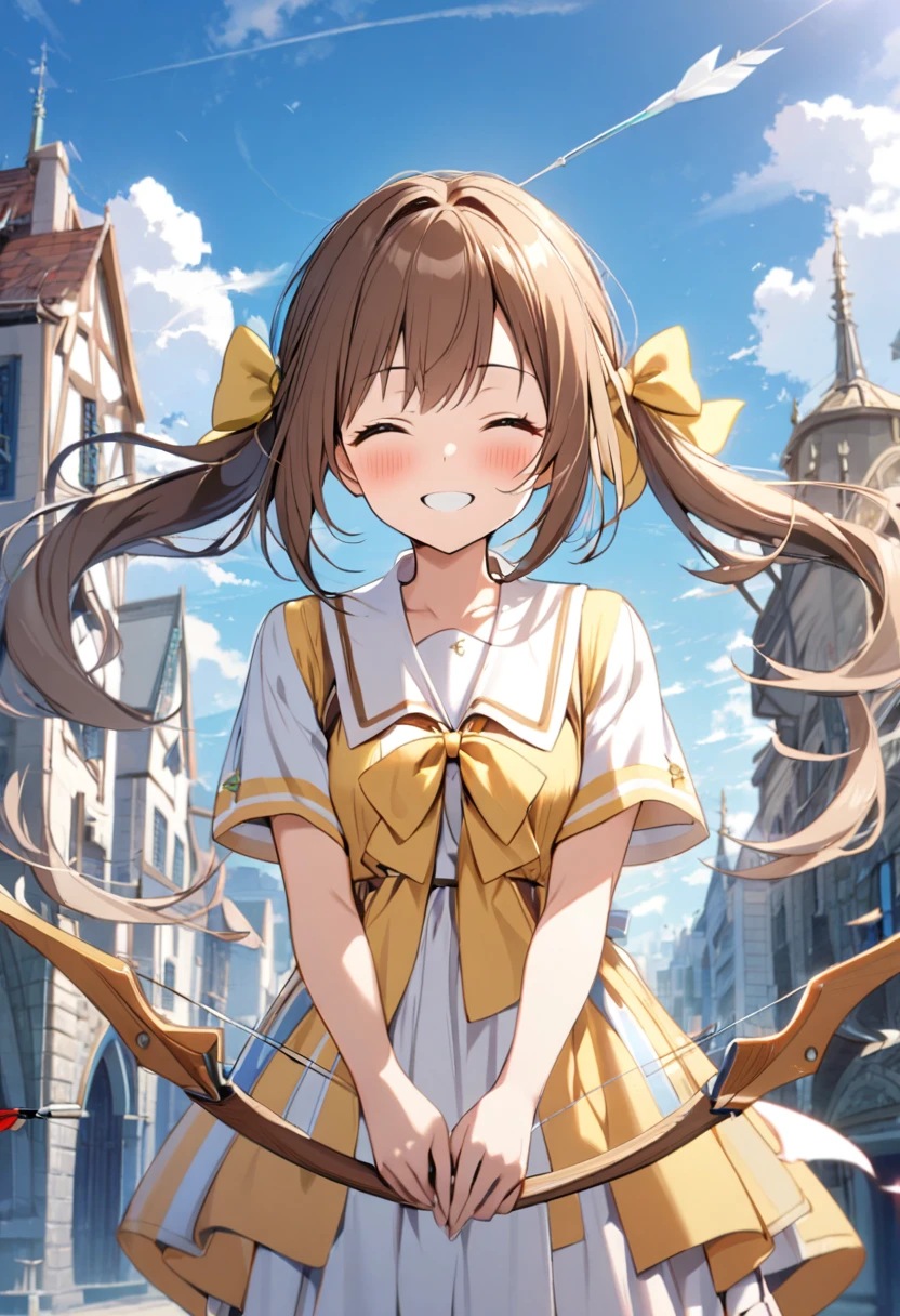 1 girl, alone, broad, blush, SMILE, Brown hair, bow, two tails, Closed eyes, weapon, short sleeves, hair bow, sky, day, blue sky, building, in front of the viewer, yellow bow, bow (weapon), ARROW (projectile)