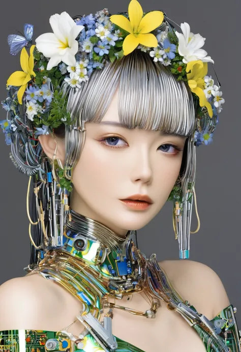 Portrait of beautiful lady with flower crown and electronic circuit dress , all with the style of Hajime Sorayama.