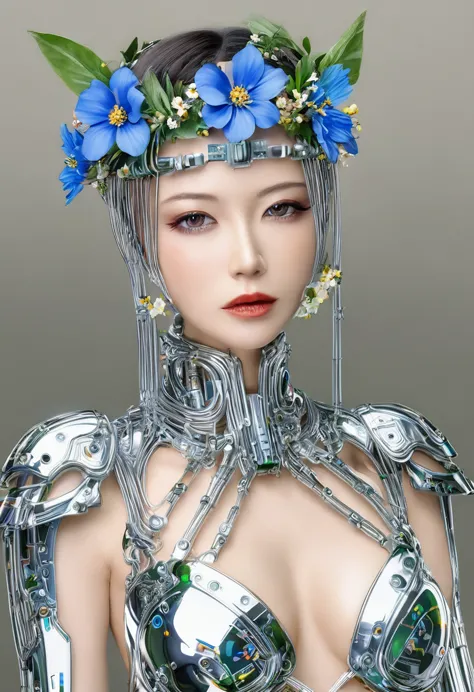 Portrait of beautiful lady with flower crown and electronic circuit dress , all with the style of Hajime Sorayama.