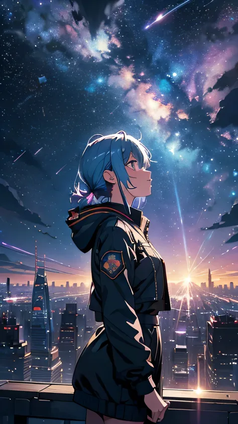 ((Psychedelic shooting starry sky during daytime))、Anime girl looking at the big city view,Large landscape,Small girl, Cyber Cit...