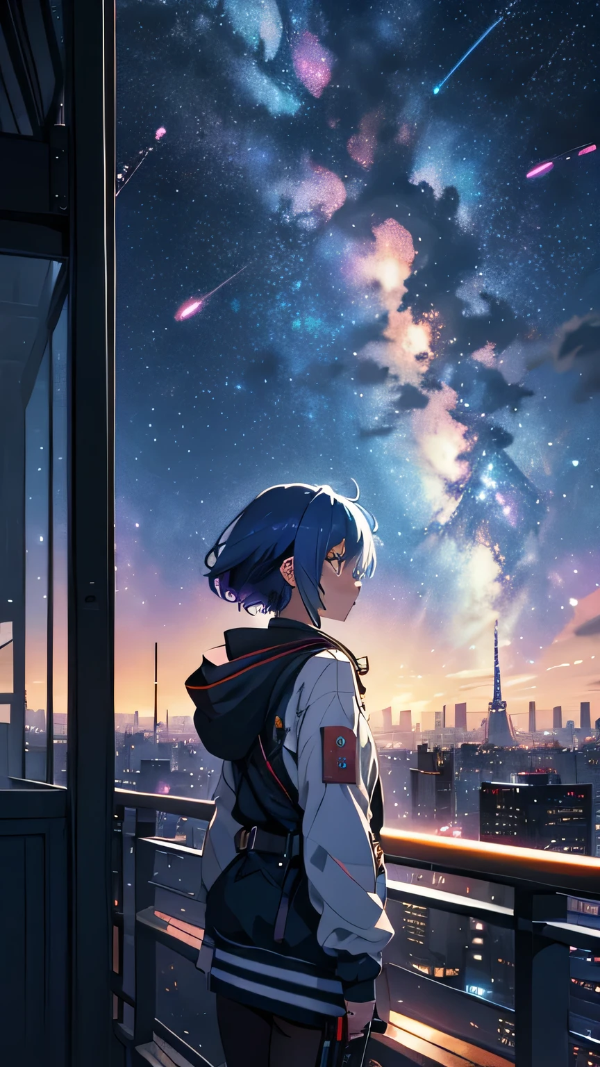 ((Psychedelic shooting starry sky during daytime))、Anime girl looking at the big city view,Large landscape,Small girl, Cyber City of the Future、 Makoto Shinkai Cyril Rolland, Anime Art Wallpapers 8K, Anime Art Wallpapers 8K, Anime Art Wallpapers 8K, Inspired by Cyril Rolland, Dan Mumford&#39;s Artwork Style, Awesome Wallpapers, by Yuumei