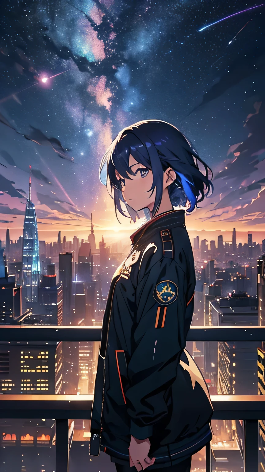 ((Psychedelic shooting starry sky during daytime))、Anime girl looking at the big city view, Cyber City of the Future、 Makoto Shinkai Cyril Rolland, Anime Art Wallpapers 8K, Anime Art Wallpapers 8K, Anime Art Wallpapers 8K, Inspired by Cyril Rolland, Dan Mumford&#39;s Artwork Style, Awesome Wallpapers, by Yuumei