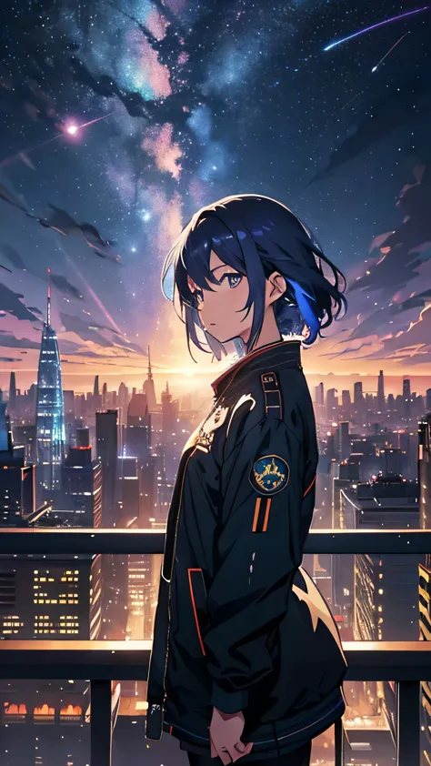 ((Psychedelic shooting starry sky during daytime))、Anime girl looking at the big city view, Cyber City of the Future、 Makoto Shi...