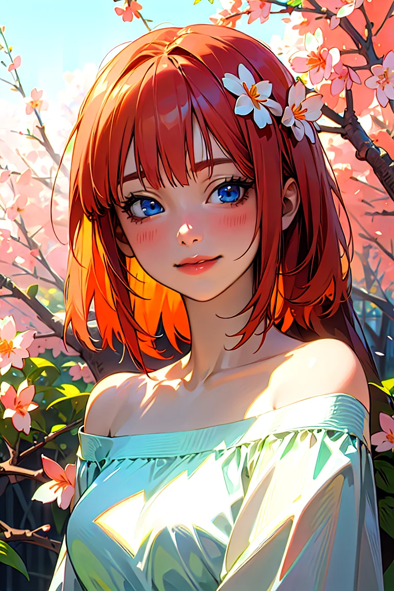 Best quality, masterpiece, ultra high res, (photorealistic:1.4), raw photo, 1girl, white dress, off shoulder, blossom flower field, glowing skin, light smile, yotsuba nakano, orangw hair, shoulder length orange hair, blue eyes, green ribbon