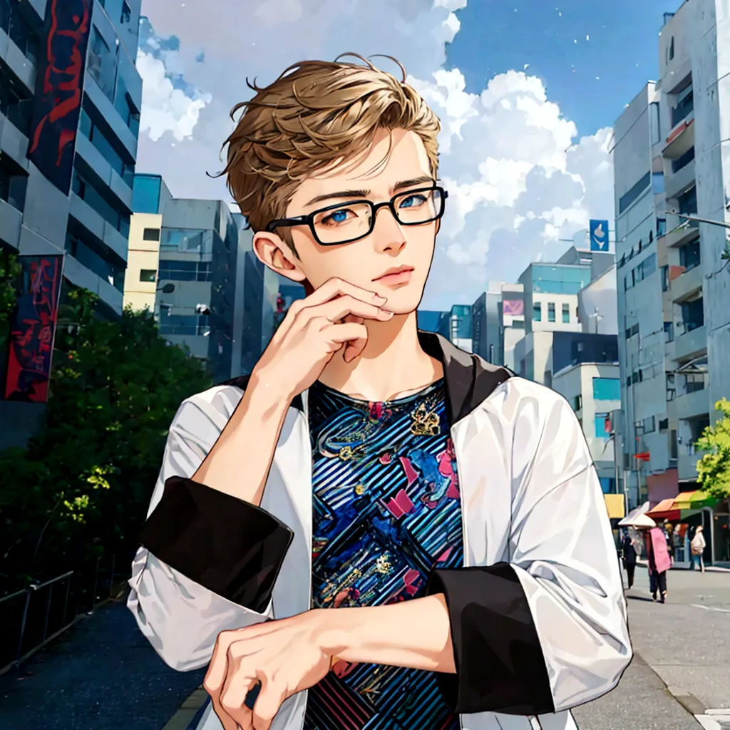 50th generation、anime character wearing glasses and a jacket in the city, realistic anime 3d style, elderly anime guy, anime sty...