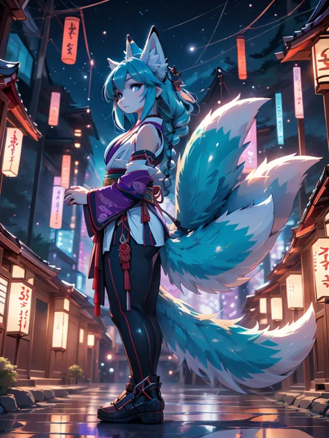 miku hatsune x debt , purple body alta definicion buena anatomia add_detail:1, blue fur,kitsune ears, tatuaje tribal add_detail:...