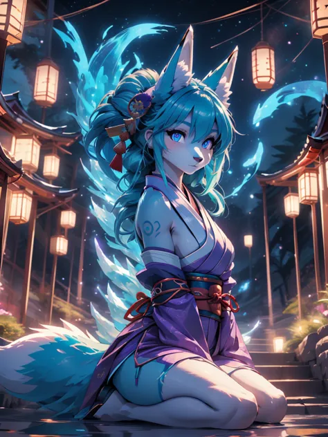 miku hatsune x debt , purple body alta definicion buena anatomia add_detail:1, blue fur,kitsune ears, tatuaje tribal add_detail:...