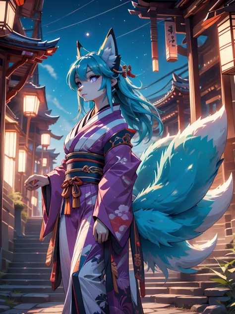 miku hatsune x debt , purple body alta definicion buena anatomia add_detail:1, blue fur,kitsune ears, tatuaje tribal add_detail:...