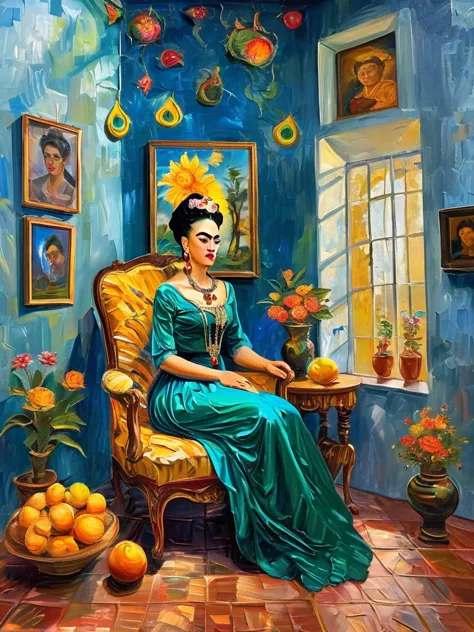 imagine frida kahlo reimagined in the lavish baroque style. she sits regally on an ornate throne in a luxurious hall adorned wit...