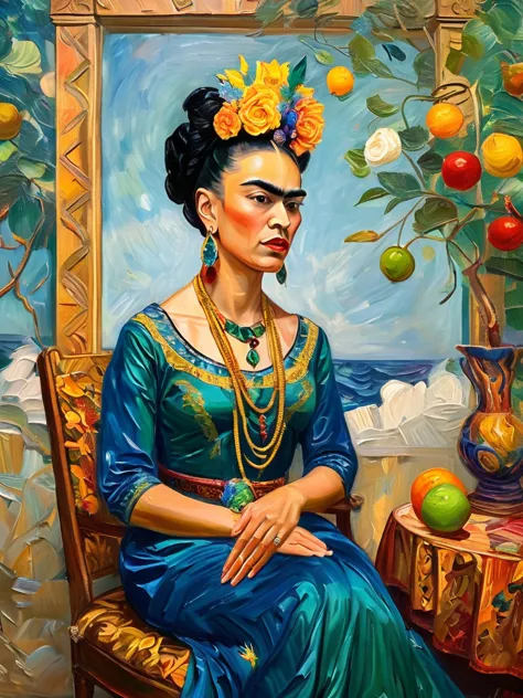 imagine frida kahlo reimagined in the lavish baroque style. she sits regally on an ornate throne in a luxurious hall adorned wit...