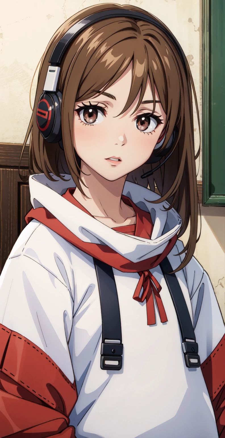 Une fille aux cheveux bruns portant un grand casque rouge autour du cou,Look mignon, perte brune, couleur des yeux marron.