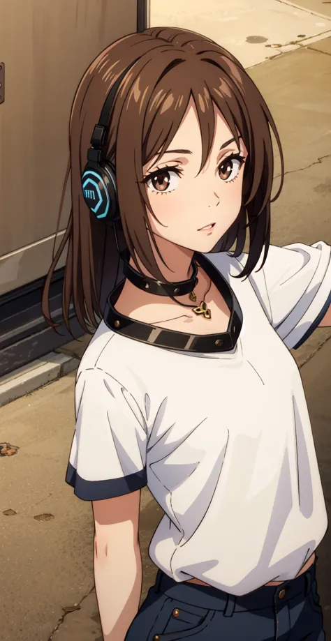 A  10 year old girl with brown hair wearing a large red headset around her neck,olhar fofo, brunette loss, brown eye color.