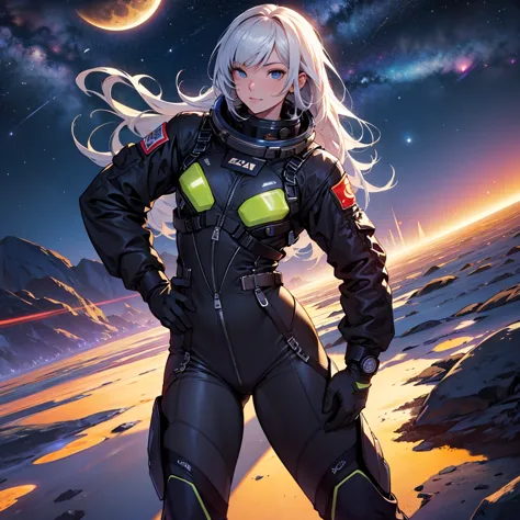 , night time ,  sexy space suit, eclipse in the sky , landscape