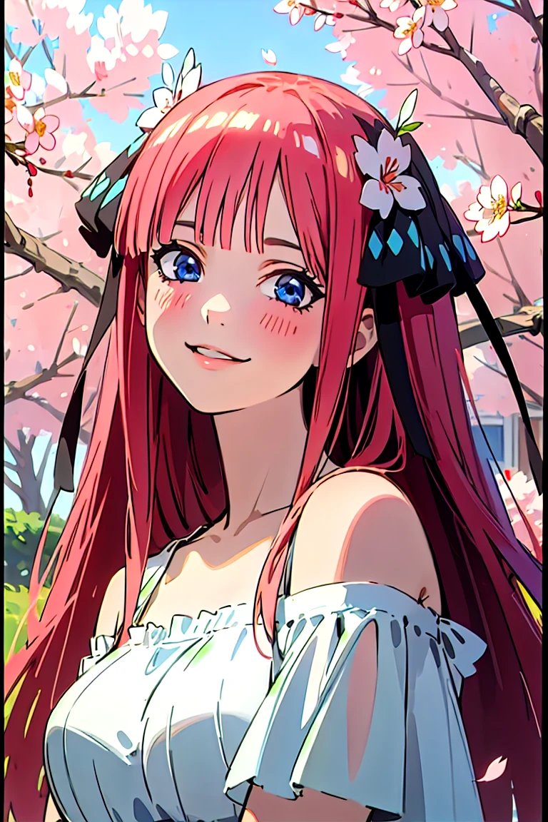 Best quality, masterpiece, ultra high res, (photorealistic:1.4), raw photo, 1girl, white dress, off shoulder, blossom flower field, glowing skin, light smile, nino nakano, pink red long hair, shoulder, blue eyes, hair ribbons