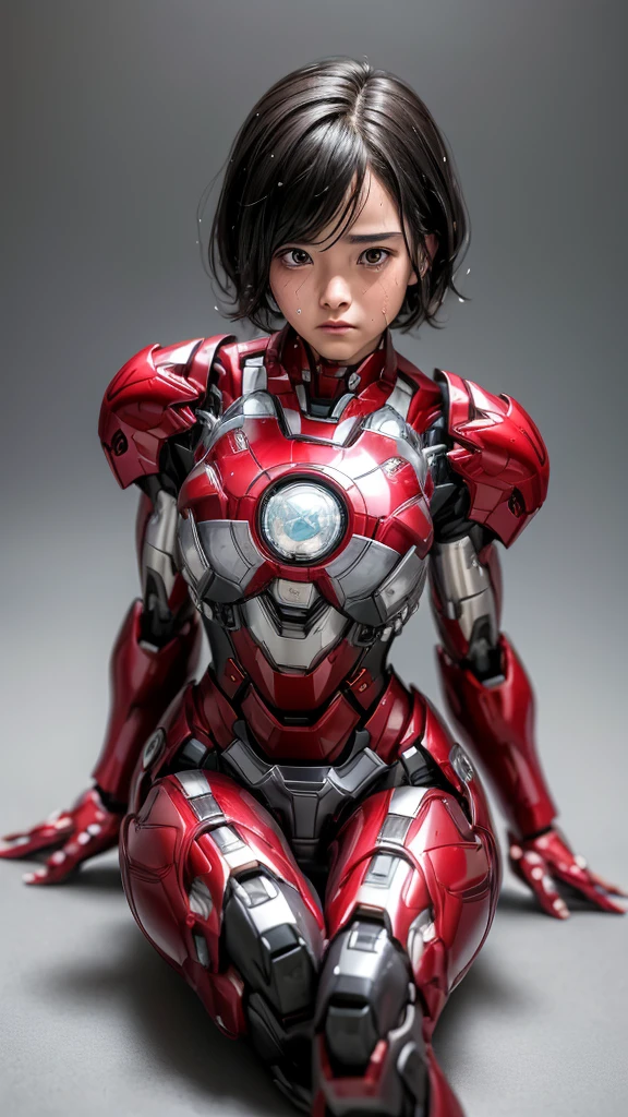 Highest quality　8k Iron Man Suit Girl　Junior high school girl　Sweaty face　cute　short hair　boyish　Steam coming from the head　My hair is wet with sweat　Black hair feel　Full body portrait　My upper body is soaked　　Squat sitting　　Leg spread　I can see the vagina　front　Angle from below