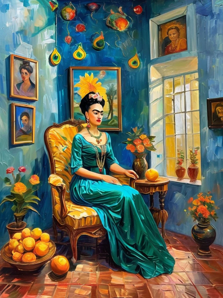 Imagine Frida Kahlo reimagined in the lavish Baroque style. She sits regally on an ornate throne in a luxurious hall adorned with rich tapestries and intricately carved furniture. Dressed in an opulent emerald satin gown with delicate lace and sparkling jewels, her hair is interwoven with vibrant flowers. A majestic eagle perches on her left arm, its piercing gaze mirroring Frida's intense stare. Nearby, a striking blue macaw adds a splash of color, while a peacock elegantly roams the floor at her feet. Surrounding her are symbolic objects: a golden mirror, sugar skulls, and a vibrant still life of tropical fruits. The dramatic background of swirling clouds and celestial light adds depth and movement. The masterful play of light and shadow highlights the richness of details, celebrating Frida's indomitable spirit and legacy in a visually stunning, innovative composition.