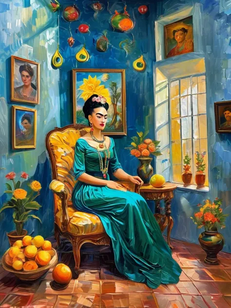 imagine frida kahlo reimagined in the lavish baroque style. she sits regally on an ornate throne in a luxurious hall adorned wit...