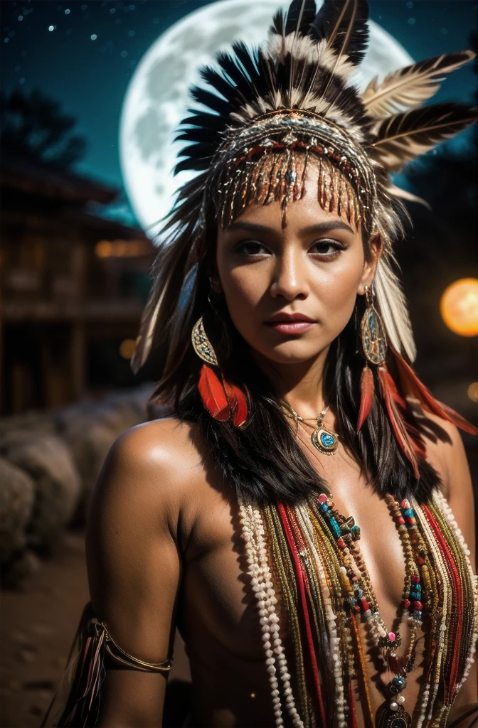 Belle femme indienne Cherokee avec de belles coiffes couleur terre cuite, noir, doré, cuivre, perle, blanc et beige, plumes faites de néon brillant de différentes couleurs, fusées éclairantes devant la caméra, bokeh, nuit de pleine lune
