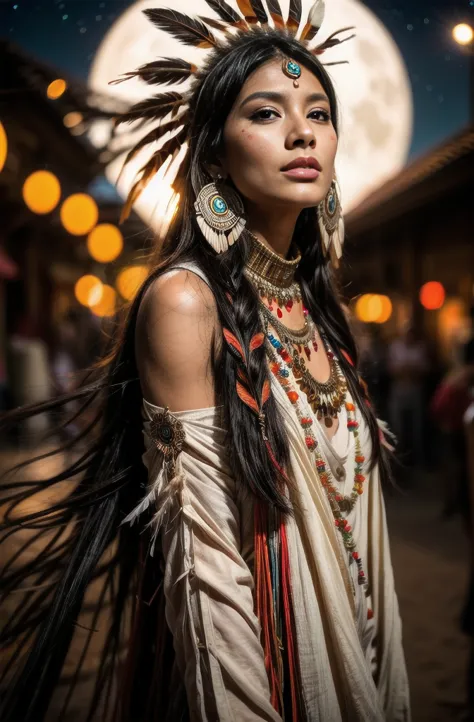 Beautiful Cherokee Indian woman with beautiful terracotta colored headdresses, blackw, doradas, cobre, Pearl, white and beige, f...