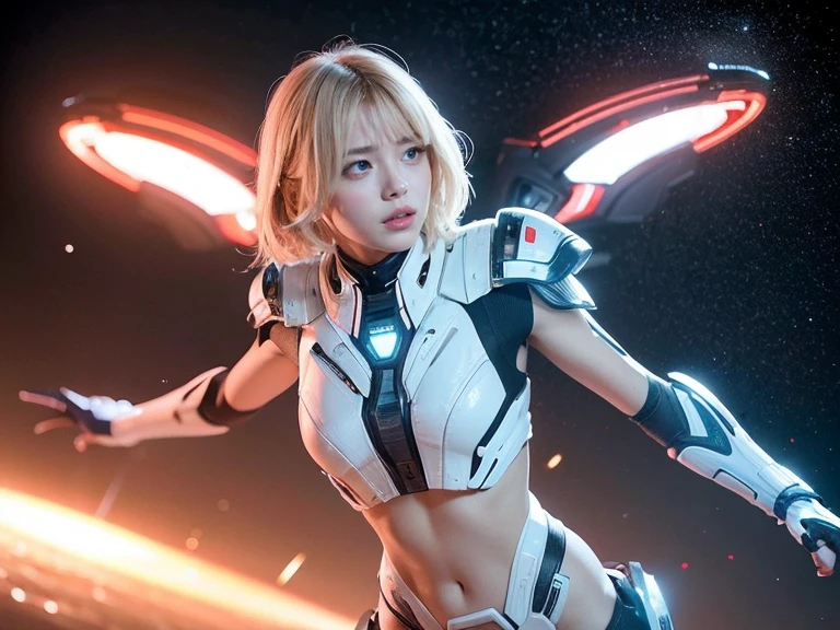 (RAW Photos, Highest quality), (Realistic, Photorealistic:1.3), 1 Girl、Realisticbody、Pleiades Space Warrior、White and red combat skirt、Spaceship from outer space、Fighting the reptilian aliens、Shield and ray gun、Serious expression